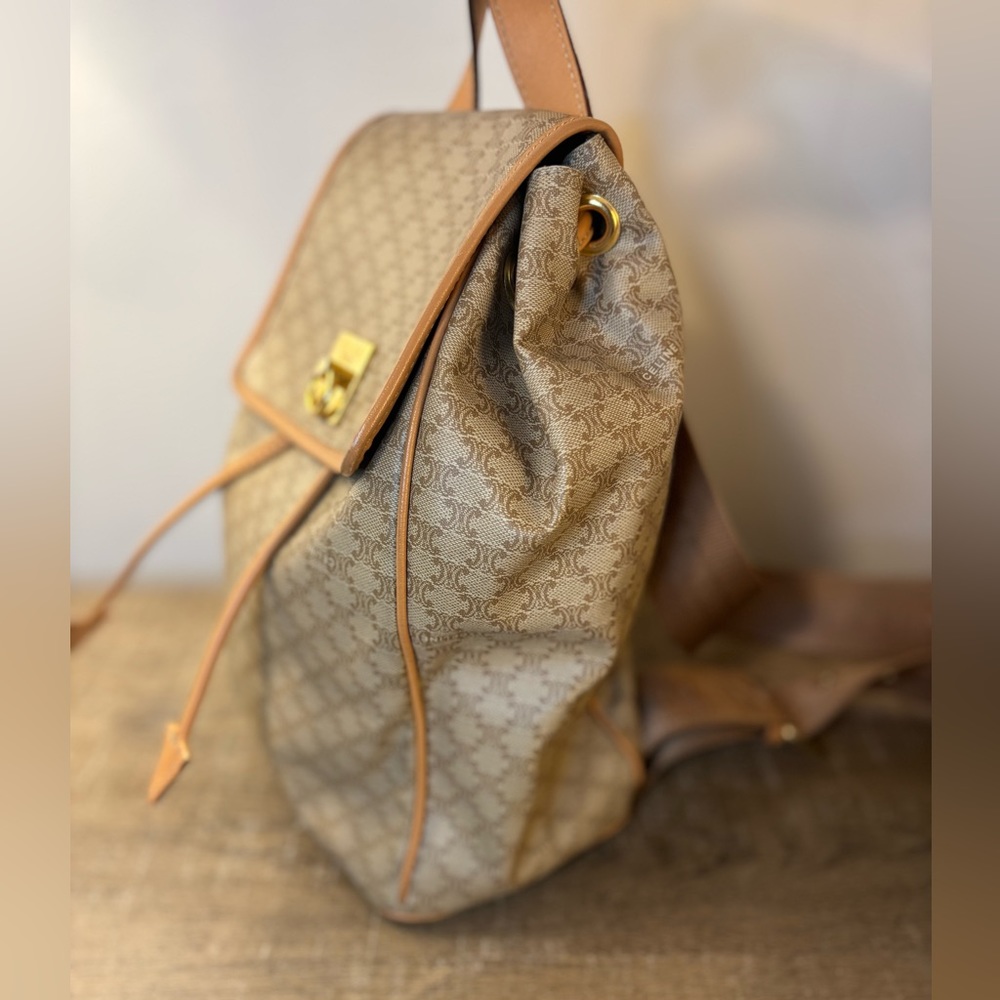 Celine Beige Monogram Canvas Drawstring Backpack with Tan Leather Trim - Picture 3 of 8